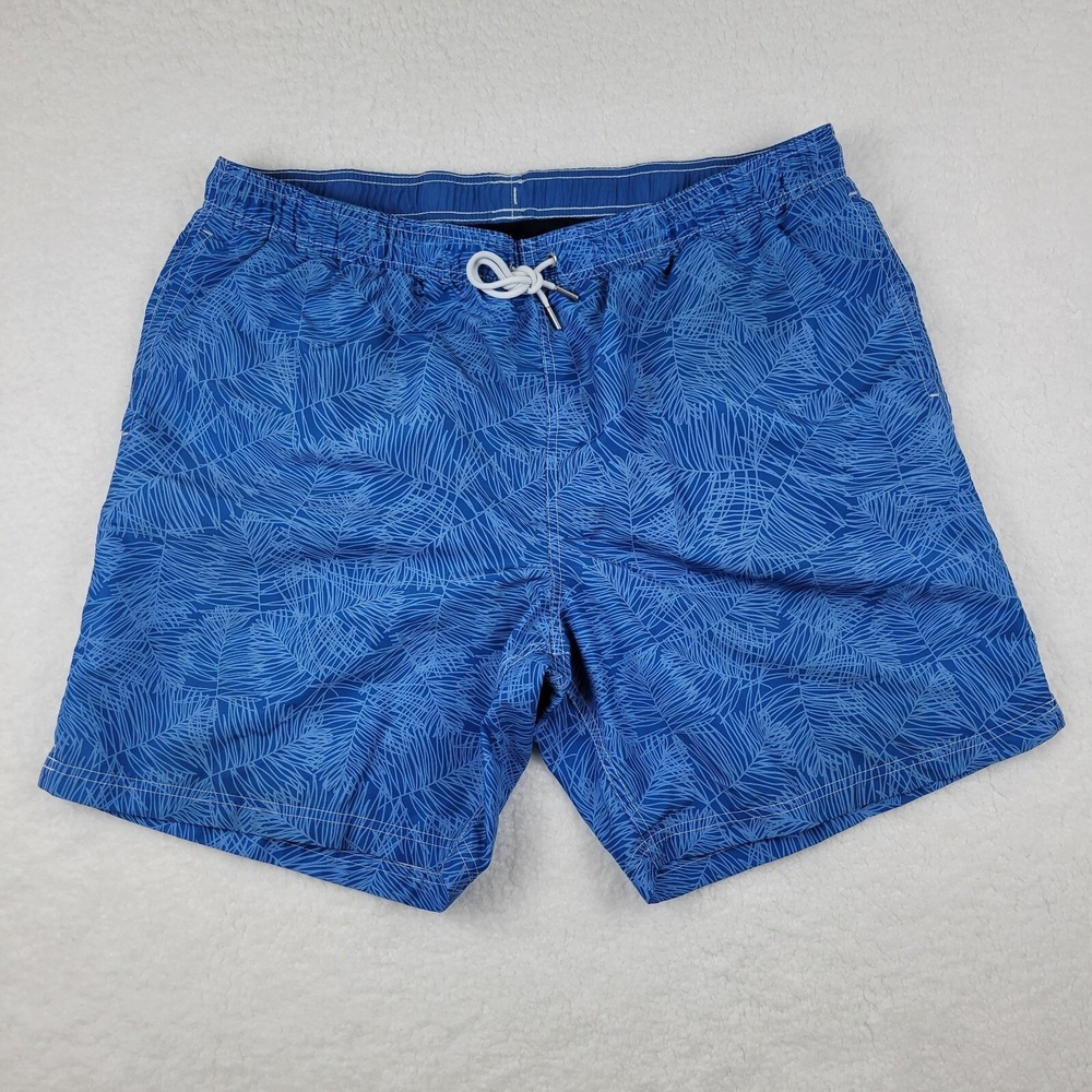 Lands End Lined Swimming Trunks Mens XL 40-42 Blue Palm Leaves Print Polyester